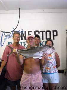 Stuart Barry, Jeff Masten, and Billy and Amy Lane, from Greensboro, with a 30 lb. amberjack caught at the dredge wreck off Carolina Beach. Weighed in at Carolina's One Stop Bait and Tackle.