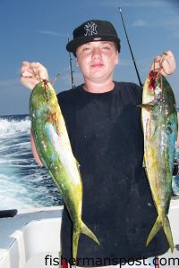 Blake Leigh with a pair of dolphin caught on light-lined cigar minnows. He was fishing with Capt. Dave Gardner on the head boat "Vonda Kay" out of Topsail.
