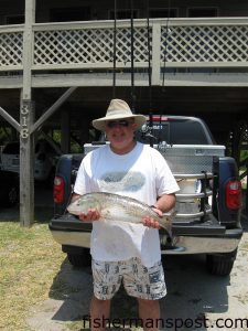 J.W. Spoo, of Pfafftown, NC, with a 27" red drum he hooked on a live mud minnow while fishing the Oak Island surf near the former Long Beach Pier.