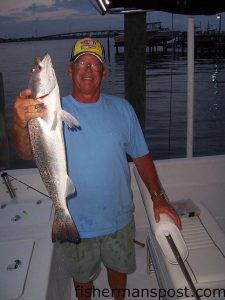 Bill Laughinghouse, from Atlantic Beach, with a 6 lb. speckled trout taken under the Atlantic Beach Bridge at night. Photo courtesy of Chasin Tails Outdoors.