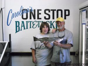 Ryan McFall and Ken Thompson with a 4.35 lb. speckled trout caught in Buzzard's Bay. Photo courtesy of Carolina's One Stop Bait and Tackle.