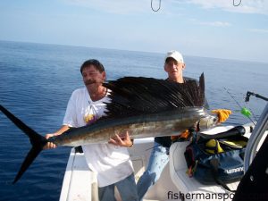 John McDow and Jimmy Prince with a 77" sailfish caught and released 22 miles off Carolina Beach. The sail fell for a king rig with a dead cigar minnow while they were fishing on the "Midnight Wind."