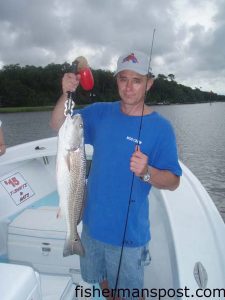 Lee Refalo, from Aiken, SC, with a red drum caught in the ICW near Little River on a live finger mullet. He was fishing with Patrick Kelly of Capt. Smiley's Fishing Charters.