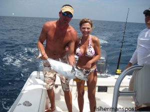 Vickie McCabe, of Wilmington, and Scott Douglas, an employee of Marine Max Wrightsville Beach, with a false albacore caught near WR-4 on a skirted ballyhoo.