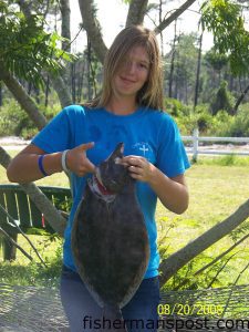 Jordan Register (age 13) with a 6 lb. 6 oz. flounder she caught on a live finger mullet on her last day of summer fishing at a creek near Topsail before returning to Raleigh for school.