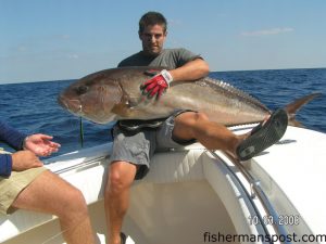 Glenn Kross, of New Jersey, with a 63" fork length by 37" girth amberjack estimated at 130-140 lbs. He caught the fish while vertical jigging in 360' of water off Wrightsville Beach with Arlen Ash and Chip Baker of Tex's Tackle.