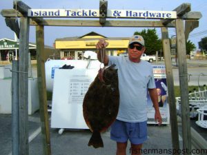 Ted Conner, of Carolina Beach, with a 9.8 lb. flounder caught on a live finger mullet in the lower Cape Fear River. Photo courtesy of Island Tackle and Hardware.