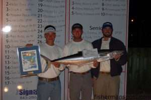 John Theodorakis, Austin Eubank, and Brent Gainey--crew of the Carolina Beach-based "Miller Time" fishing team, took second place in the Fall Brawl with a 29.35 lb. king mackerel they caught south of the Tower in 110'.