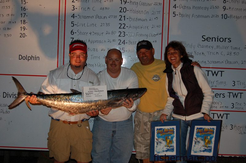 The “Reel Finatic” crew, from Murrell’s Inlet, SC, took first place in the Fall Brawl King Classic with a 35.55 lb. king mackerel they hooked on a dead cigar minnow in 63 degree water a the Belky Bear, off Myrtle Beach.