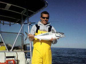 Jonathan Wood, of Morehead City, with a false albacore caught while trolling for king mackerel at the 1700 Rock. The fish fell for a live pogy.