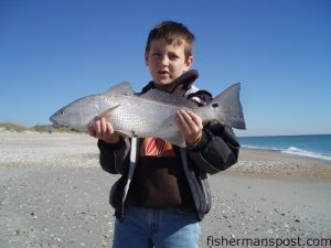 Nick Freeh (age 9), from Holly Springs, with a red drum caught on a Calcutta Flashfoil while fishing from the surf of Wrightsville Beach with Capt. Danny Wrenn of 96 Charter Company.