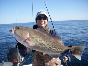 Andrea Nelson, from Wilmington, with a 34” gag grouper caught aboard the “Job Site” on a ledge in 90’ of water off of Wrightsville Beach. The gag fell for a live pinfish.  