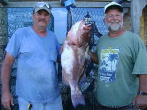 Howard Caywood, from Statesville, NC, caught this 23.5 lb. red grouper while bottom fishing 45 miles off Carolina Beach with Dean Moon aboard the “MoonDoggie.” Photo courtesy of Island Tackle and Hardware. 