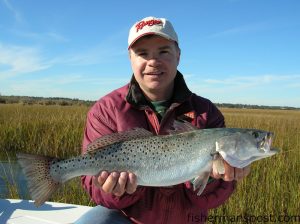 Darin Sullivan with a speckled trout that was part of a catch of specks, red drum, sheepshead, and flounder. They were all hooked on live shrimp while fishing near Masonboro Inlet with Capt. Jot Owens of Captain Jot Charters. 