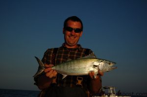 Max Gaspeny with an Atlantic bonito (his first) caught while fishing with Capt. Jim Sabella. The fish fell for a small Maria Jig while casting to breaking schools of fish at Diver's Rock off New River Inlet.