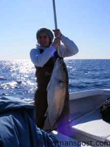 Chrissy Suralik with a 50 lb. amberjack she caught speed jigging, along with king mackerel to 26 lbs., while fishing with Capt. Chris Kimrey of Mount Maker Charters of Beaufort.