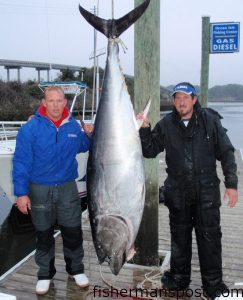 Capt. Brant McMullan and Mike Kennedy show off an 88" bluefin tuna they caught while fishing aboard the 32' Yellowfin "OIFC.com." The giant tuna fell for a horse balllyhoo 80' deep at the Raritan Wreck off the Frying Pan Shoals.