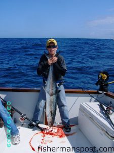 Raymond Head, of Westphalia, KS, with a 25+ lb. king mackerel he hooked on a light-lined cigar minnow while bottom fishing near Frying Pan Tower. Head was fishing with Capt. Butch Foster of Yeah Right Charters out of Southport.
