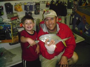 Father/son duo Jim and Tyler Chandler with a jimmy-sized bluefish and an unusually early April pompano they hooked while bottom fishing from Ocean Crest Pier with shrimp.
