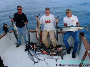 Keith Yokley, Marvin Johnson, and his son Marvin, from Lexington, NC, with the results from fishing near Frying Pan Tower--king mackerel and a variety of tasty bottomfish. They were fishing with Capt. Butch Foster of Yeah Right Charters out of Oak Island.