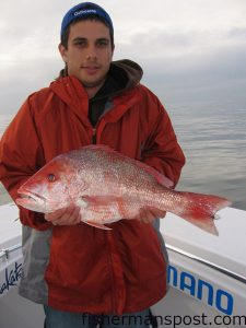 Rob Jones with a 10.2 lb. American red snapper he hooked on a cigar minnow in 120' of water east of Cape Lookout. He was fishing with Capt. Stan Jarusinski aboard the "Mister Stanman."