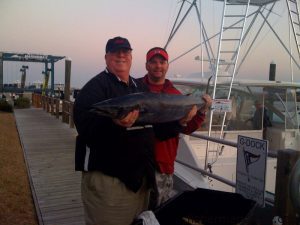 Coach Ralph Friedgen, of Maryland, and Joey Jones, of MarineMax-Wrightsville Beach with a 40 lb. wahoo they caught near the Steeples along with some dolphin and blackfin tuna.