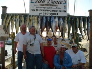 A rack full of dolphin and yellowfin tuna (with a wahoo and a king mackerel thrown in) caught by Asheboro, NC's Barry Lamb and crew. They were trolling ballyhoo under Blue Water Candy Witches near the Steeples aboard the charter boat "Fish Dance" with Capt. Keith Green and mate Charlie Beal.
