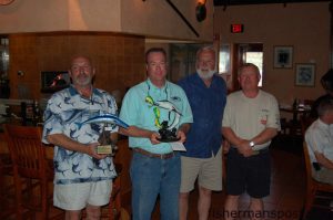 Mark Poff, Capt. Carston Fischer, Capt. Butch Gardner, and Rob Van Blaricum weighed in a 50.74 lb. wahoo and a 13.26 lb. dolphin to take first place in the offshore division of the 10th annual Dixie Chicken Fishing Funament, held May 23 out of Harbourgate Marina.