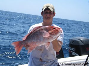Jackie Dufour with an American red snapper that fell for a piece of cut mackerel at some bottom structure in 105' of water offshore of Atlantic Beach. He was fishing with Capt. Ken Mullen of Swell Rider Charters.