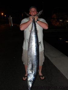Chad Kieswetter, from Wilmington, with an 83 lb. wahoo he hooked at the Steeples while fishing aboard the "Pirates Gold." The huge 'hoo attacked a purple/black skirted ballyhoo in around 700' of water.