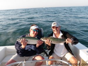 Chad and William Smith, of Sneads Ferry, with a pair of Atlantic bonito they hooked while trolling pink and clown Yo-Zuri Deep Divers near Diver's Rock. They were fishing out of New River Inlet with Capt. Jim Sabella of Plan 9 Charters.