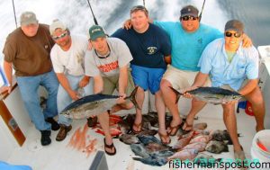 Neal Johnson, Lee Essick, Jon Wolfe, Matt Cranford, and Frank Hendrickson with a pair of blackfin tuna and a mess of beeliners, sea bass, triggers, and other bottom fish caught on a Gulf Stream trip out of Southport with Capts. Butch and Chris Foster aboard the "Yeah Right II."