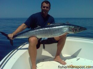 Rodney Williams, of Surf City, with a wahoo caught in 135' 60 miles off New River Inlet. The fish ate a ballyhoo under a pink Blue Water Candy Mini-Jag.