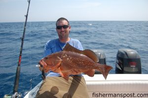 Max Gaspeny with a fat red grouper that took an unhealthy interest in the chunk of Boston mackerel hanging from its mouth. The fish was hooked at a live bottom area in 115’ of water while fishing with Capt. Ken Mullen of Swell Rider Sportfishing. 