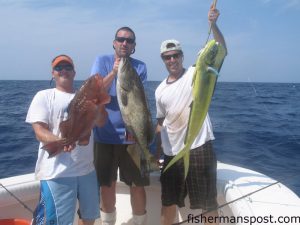 Eddie Hardgrove, Max Gaspeny, and Gary Hurley, of Fisherman’s Post Newspaper, with the results of a quick flurry of action while fishing a live bottom in 115’ of water 38 miles off Wrightsville Beach while fishing with Capt. Ken Muillen, of Swell Rider Sportfishing. 