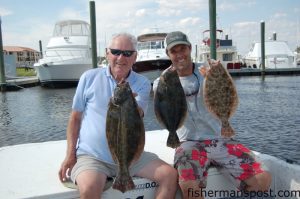 Gary Hurley Sr. with a 4+ lb. flounder caught on a live pogey near a dock in the Carolina Beach ICW. He was fishing with his son, Gary Hurley Jr. (of Fisherman's Post Newspaper), on Father's Day with Capt. Bruce Fields of Flat Dawg Charters.