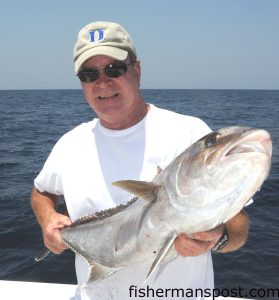 Bruce Everhart, from Carolina Beach, with an amberjack that fell for a live pogy on the dowrigger 30 miles off Carolina Beach while he was fishing with his son, Capt. Andy Everhart of Southern Sportfishing.