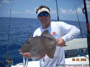 Tanner Gray, from Topsail Island, with a citation 7.7 lb. triggerfish he hooked in 250' near the Swansboro Hole. He was fishing with Taylor Perdue and Mike Becker aboard the "Reel Return."