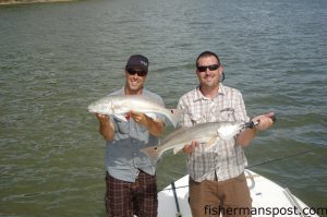 Gary Hurley and Max Gaspeny with the results of one of many doubleheaders of upper slot red drum they hooked on topwater plugs while fishing behind Topsail with Capt. Rennie Clark of Tournament Trail Charters.