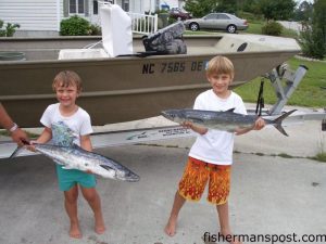Declan and Kieran Schwartz with a pair of king mackerel (their first) hooked just off Wrightsville Beach while slow-trolling live pogies with their father, Chris.