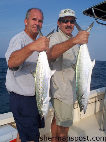 Benny Randall and Tim Loman, from Winston Salem, NC, with a pair of spanish mackerel they hooked on live pogies while fishing off Bogue Inlet with Capt. Rob Koraly of Sandbar Safari Charters out of Swansboro.