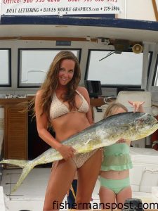 Monique Nuandorff, from Rock Hill, NC, with a dolphin hooked on a dead cigar minnow southwest of Frying Pan Tower while she was fishing with Capt. Ryan Jordan on the charter boat "Fugitive" out of Southport.