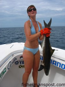 Autumn Gibbons, of WV, with a cobia she hooked at the SE Bottoms on a live pogy while fishing with Capt. Stan Jarusinski of Capt. Stanman's Fishing Charters.