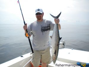 Jason Clonch, of Millers Creek, NC, with a 15 lb. king mackerel he hooked on a live bait fished from a Penn 3/0 near the Charlie Buoy off Bogue Inlet. He was fishing with Capt. Dale Collins of Bait Runner Charters out of Emerald Isle.