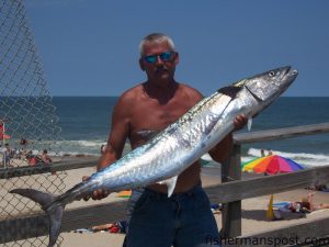 Tim Keziah, of Stanley, NC, with a 45.5 lb. king mackerel he hooked on a live bait pinned to a king rig from Kure Beach Pier.