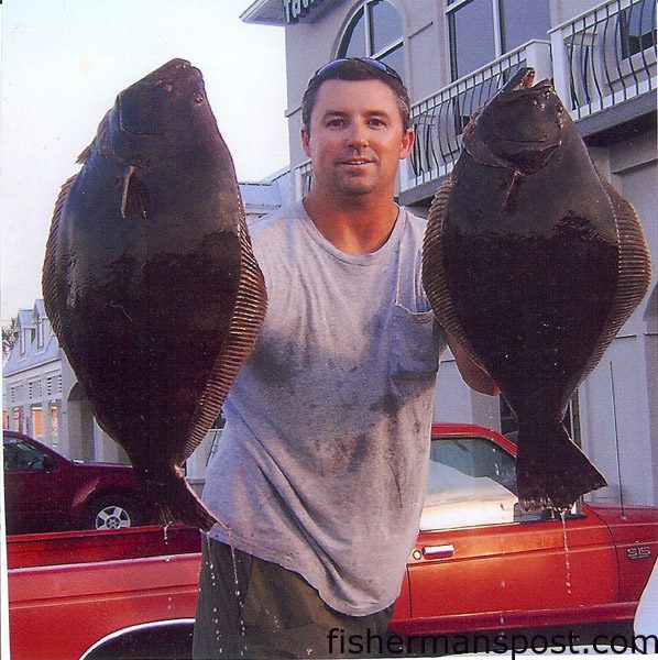Dennis Durham with a 6 lb. 14 oz. (24") and a 10 lb. 5 oz. (28") flounder caught in the Cape Fear River on live pogies. Weighed at Island Tackle and Hardware.