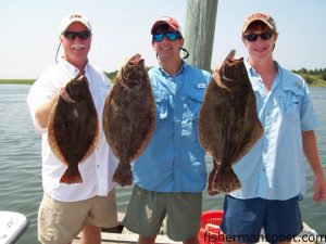 Maxwell, Ben, and Whit Taylor, of Winston-Salem, NC, with 3.5, 3.75, and 4 lb. flounder they hooked at some nearshore structure off Carolina Beach on live finger mullet. They were fishing with Capt. Jamie Rushing of Seagate Charters.