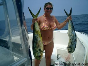 Carla McCullough with a pair of dolphin that fell for cedar plugs near Frying Pan Tower while she was fishing on the "Hard Days Off."