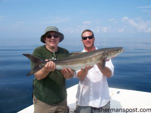 Larry Fraser, of High Point, NC, with a 25 lb. cobia that fell for a live pogy at 45 Minute Rock while he was fishing with Capt. Rob Koraly of Sandbar Safari Charters out of Swansboro.