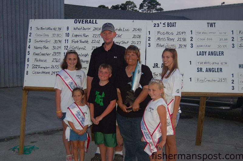 Jeff and Vicki Keeton and Colin Williams, of the “Reel Office” fishing team out of Yulee, FL, earned first place in the 2009 Sneads Ferry Rotary King Mackerel Tournament with a 41.74 lb. king mackerel they hooked on a double pogy rig at the 1700 Rock.